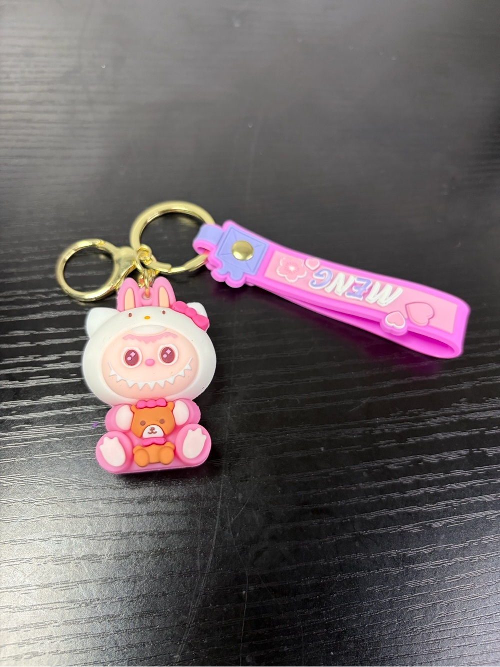 Cute Pink Labubu/Hello Kitty Monsters Keychain/Bag Charm Strap Reads “Meng”
